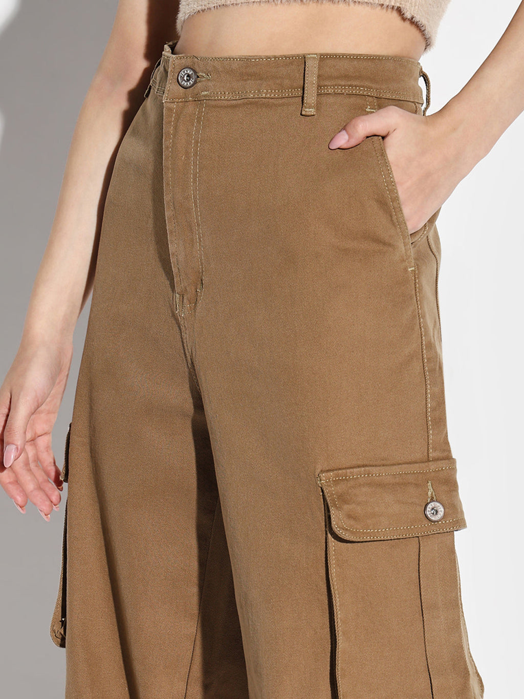Women's Khaki Denim Comfort Wide Leg Acid Wash Jeans