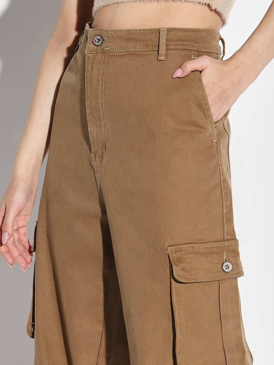 Women's Khaki Denim Comfort Wide Leg Acid Wash Jeans