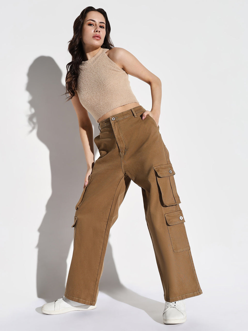 Women's Khaki Denim Comfort Wide Leg Acid Wash Jeans