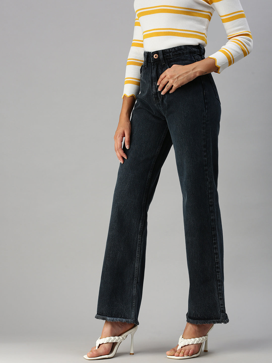 Women's Grey Wide Leg High-Rise Denim Jeans