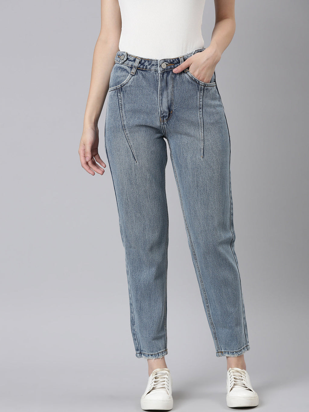 Women's Blue Mid Rise Jean Clean Look Heavy Fade Denim Jeans