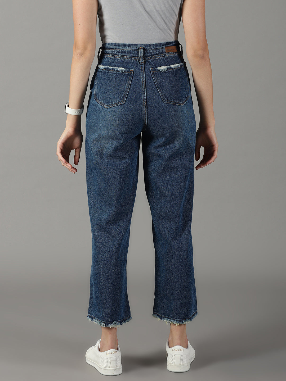 Women's Blue Wide Leg High-Rise Mildly Distressed Light Fade Acid Wash Stretchable Jeans