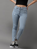 Women's Blue Slim Fit High-Rise Mildly Distressed Heavy Fade Stretchable Jeans