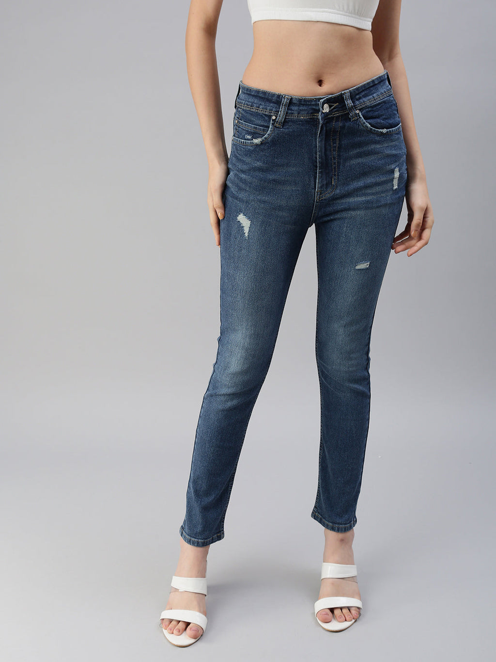 Women's Blue Slim Fit High-Rise Mildly Distressed Light Fade Stretchable Jeans