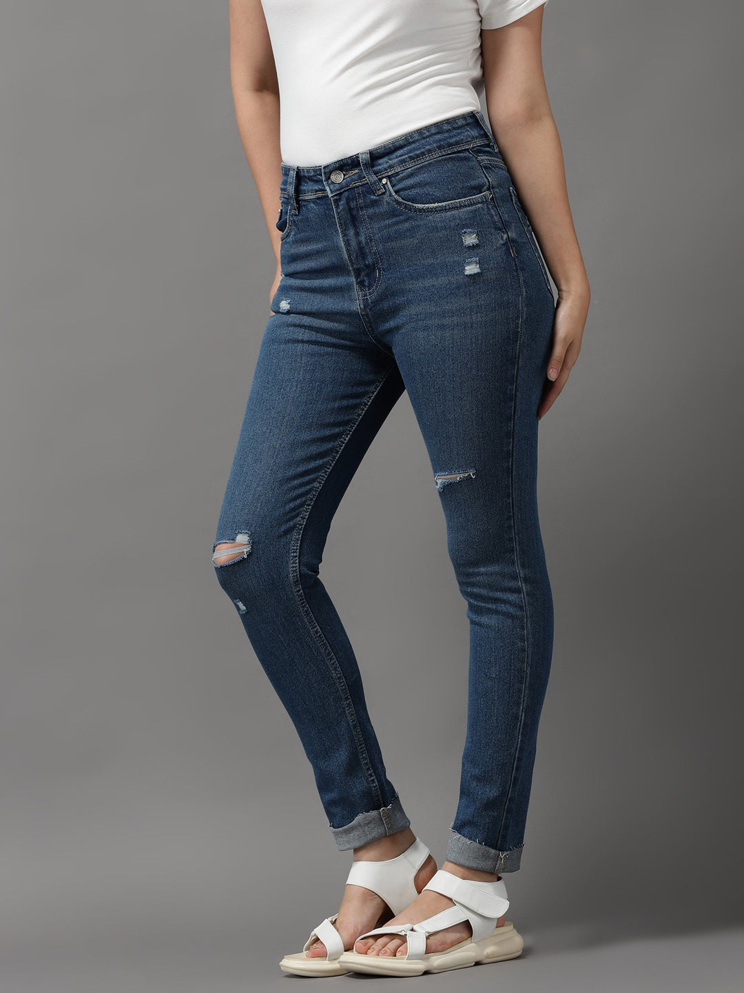 Women's Blue Jean Skinny Fit High-Rise Slash Knee Light Fade Stretchable Jeans