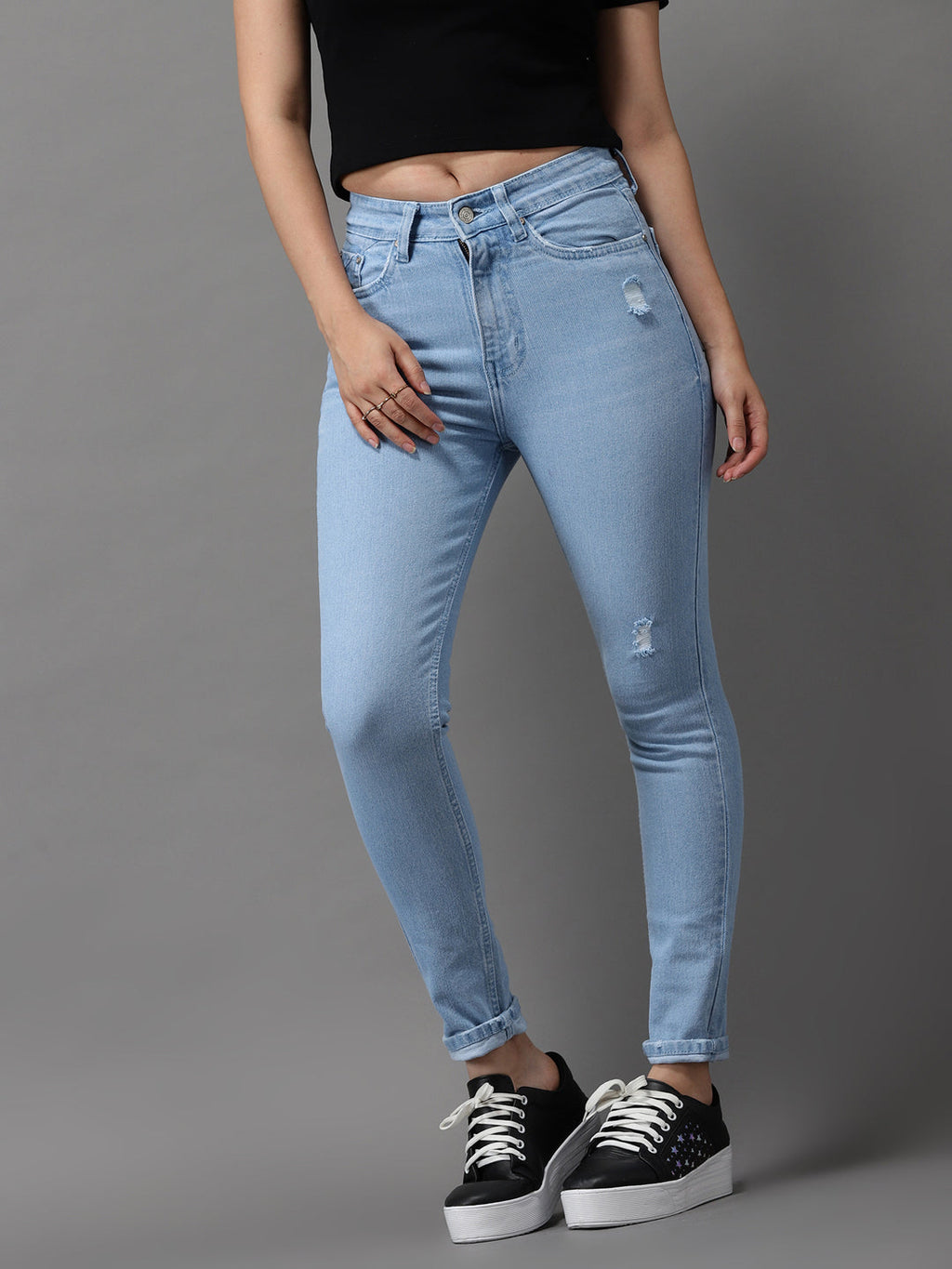 Women's Blue Jean Skinny Fit High-Rise Low Distress Light Fade Stretchable Jeans