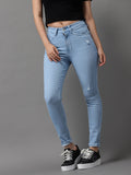 Women's Blue Jean Skinny Fit High-Rise Low Distress Light Fade Stretchable Jeans