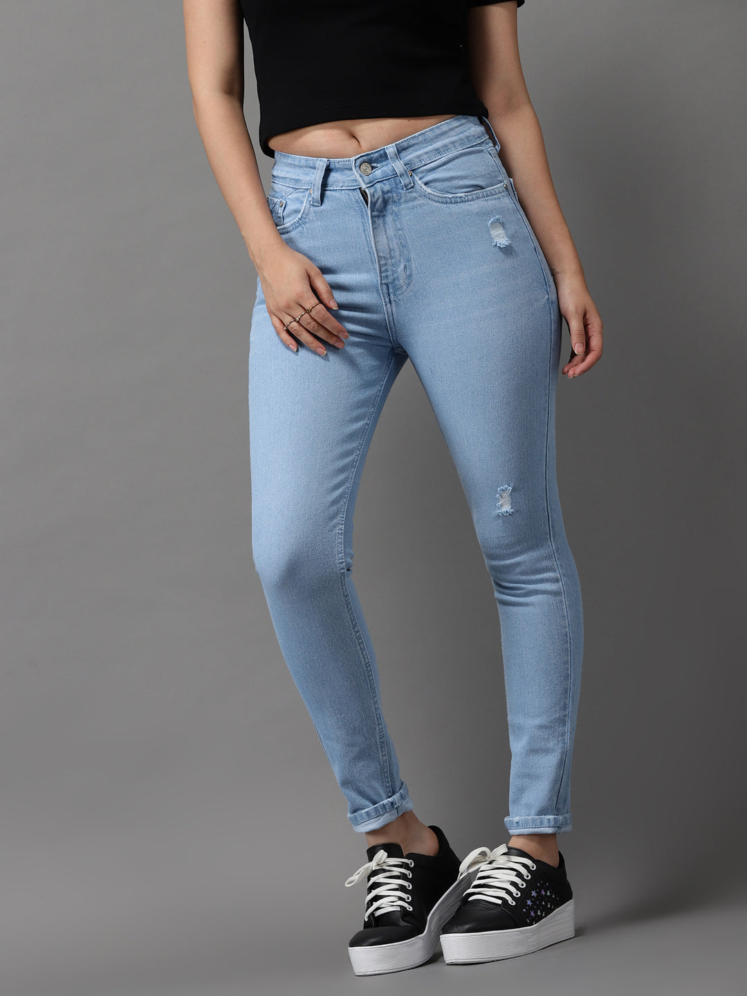 Women's Blue Jean Skinny Fit High-Rise Low Distress Light Fade Stretchable Jeans