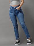 Women's Blue Jean Slim Fit High-Rise Low Distress Light Fade Stretchable Jeans