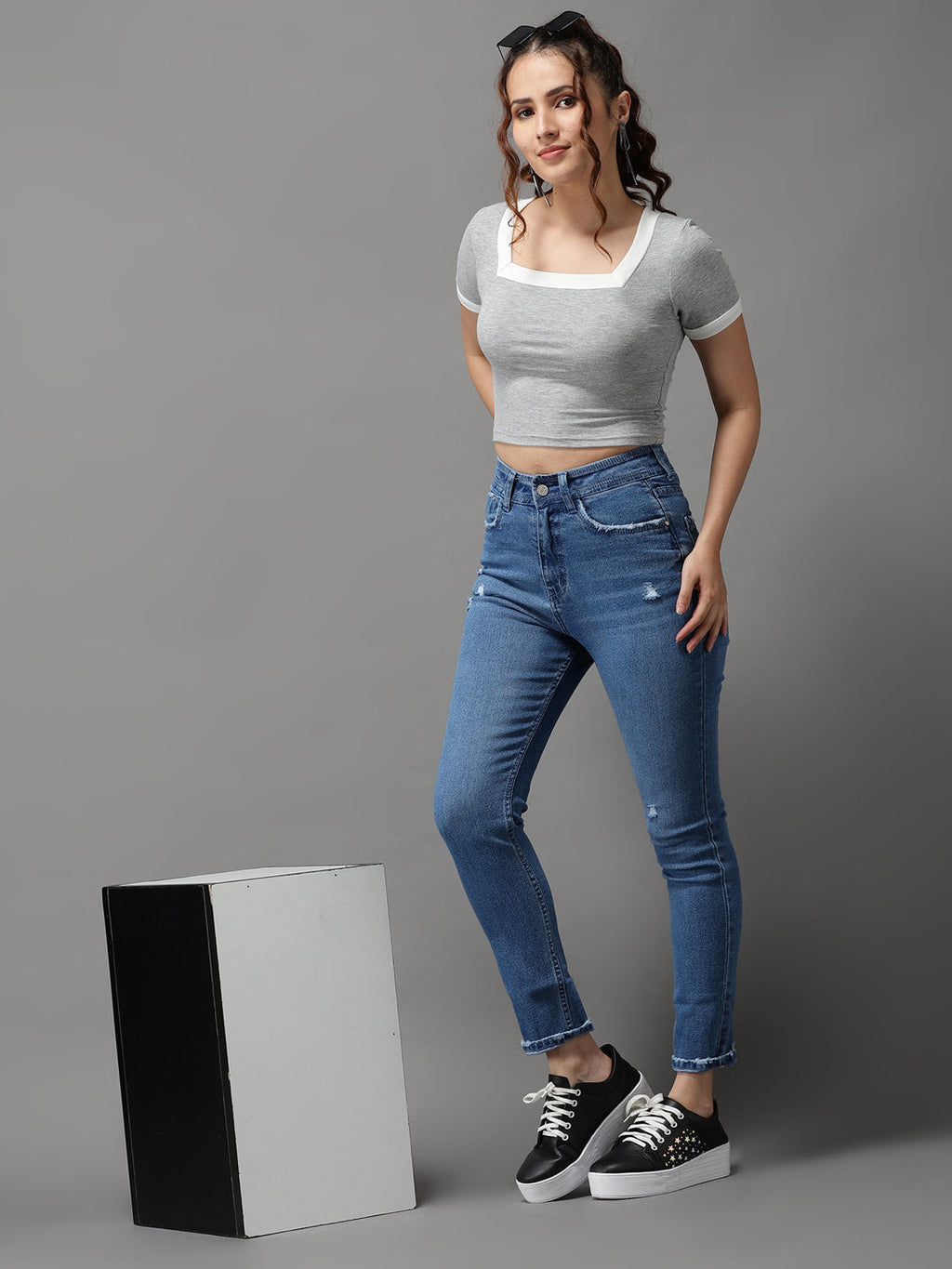 Women's Blue Jean Slim Fit High-Rise Low Distress Light Fade Stretchable Jeans