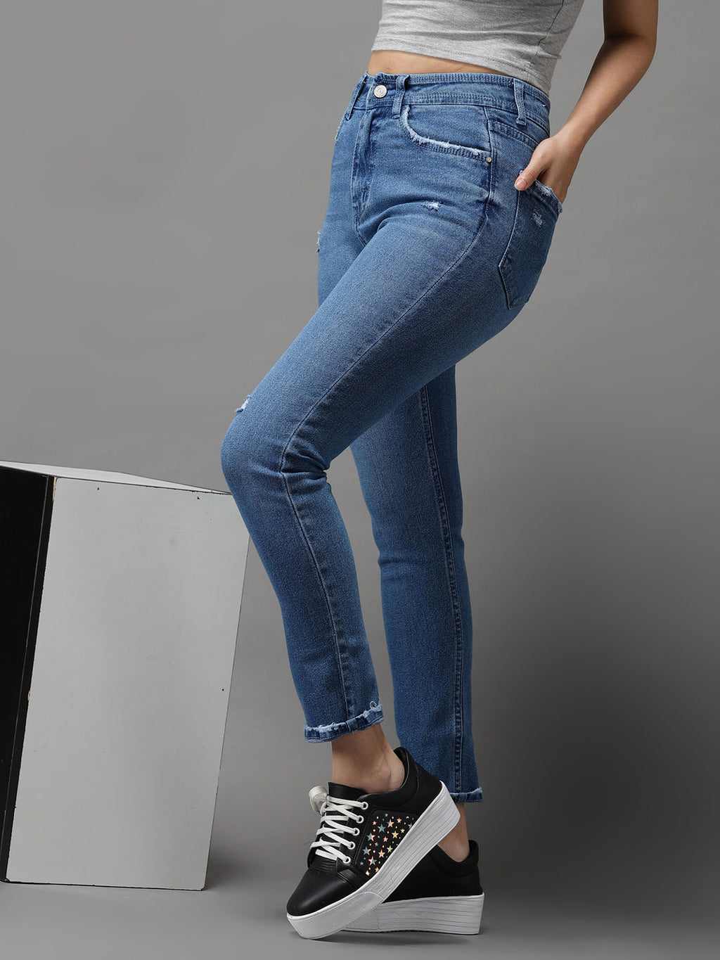 Women's Blue Jean Slim Fit High-Rise Low Distress Light Fade Stretchable Jeans