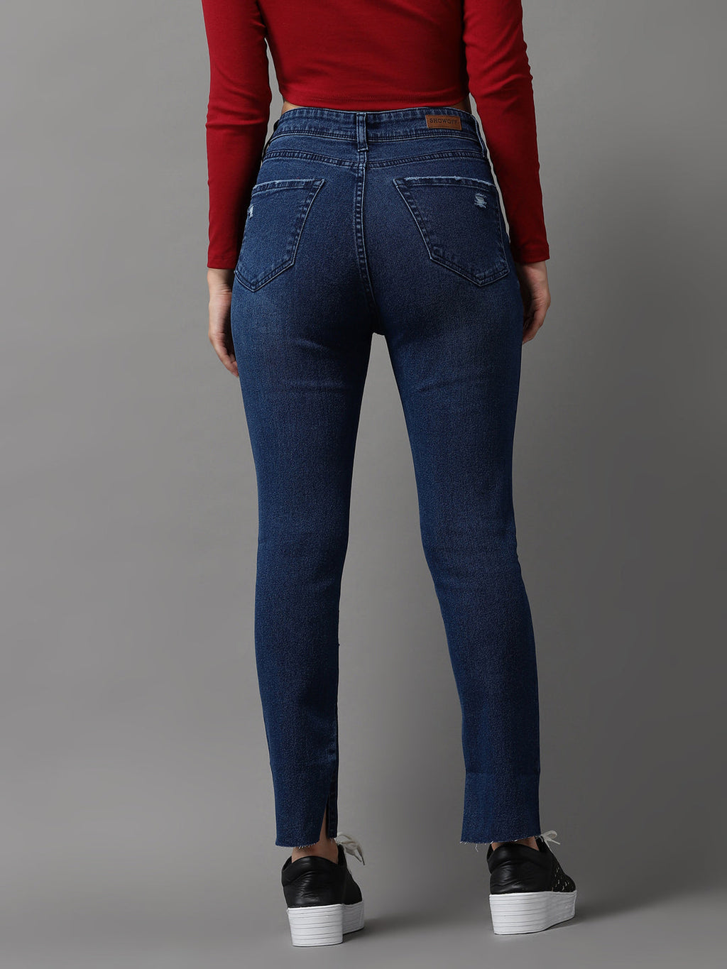 Women's Navy Blue Jean Slim Fit High-Rise Mildly Distressed Light Fade Stretchable Jeans