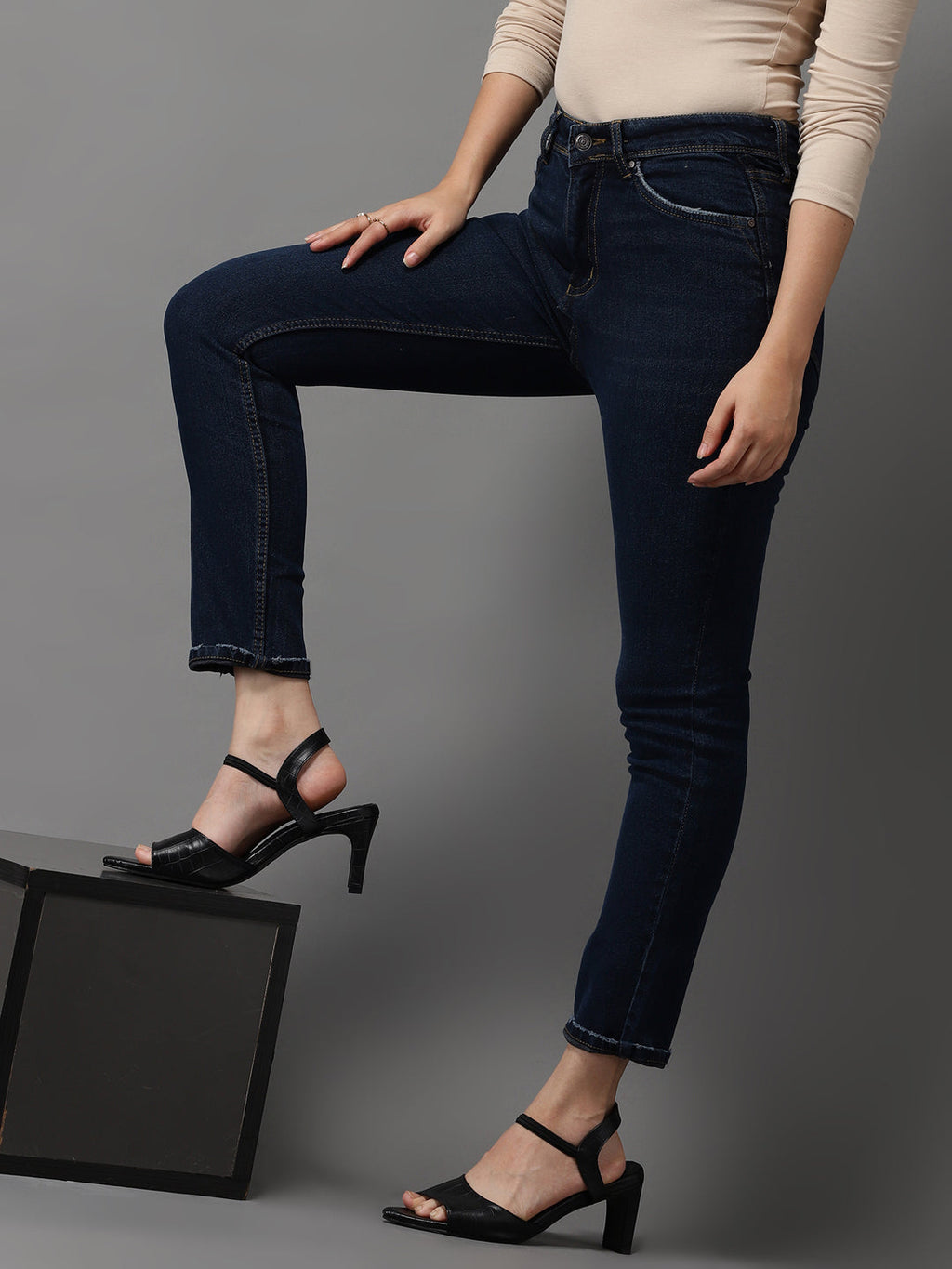 Women's Navy Blue Jean Slim Fit Slash Knee Stretchable Jeans