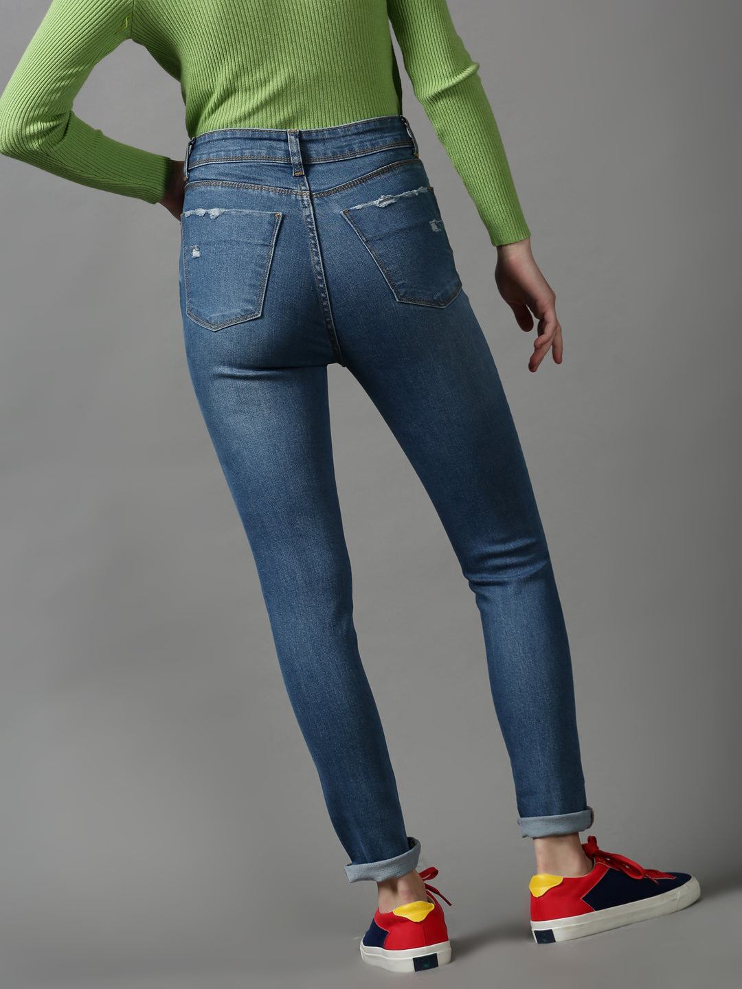 Women's Blue Slim Fit Low Distress Light Fade Stretchable Denim Jeans