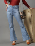 Women's Blue Bootcut Low Distress Light Fade Stretchable Denim Jeans