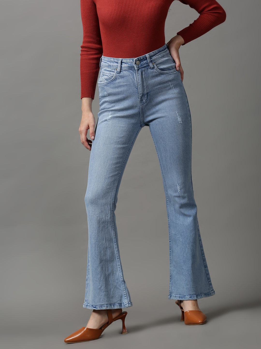 Women's Blue Bootcut Low Distress Light Fade Stretchable Denim Jeans