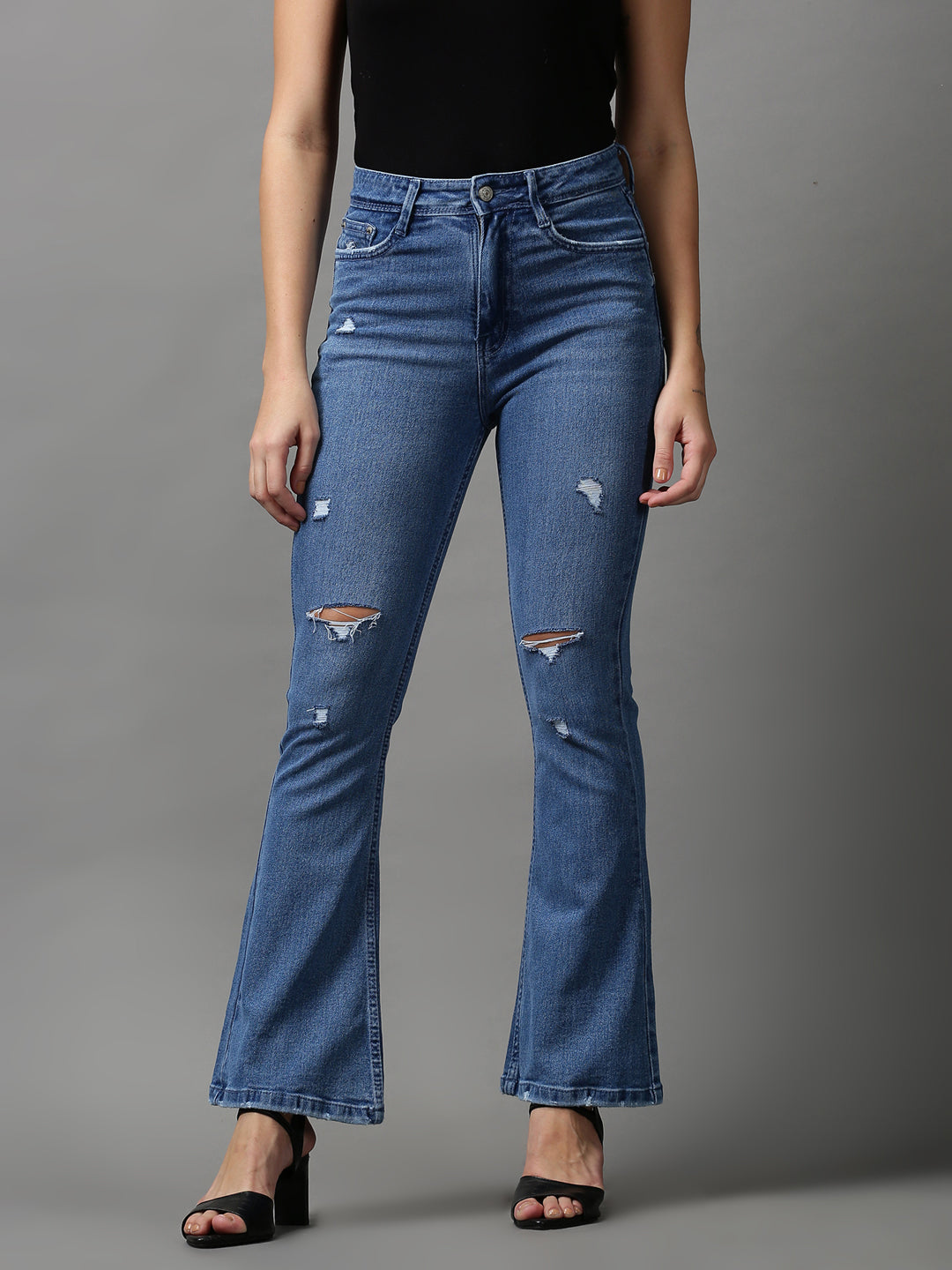 Women's Blue Bootcut Mildly Distressed Light Fade Stretchable Denim Jeans