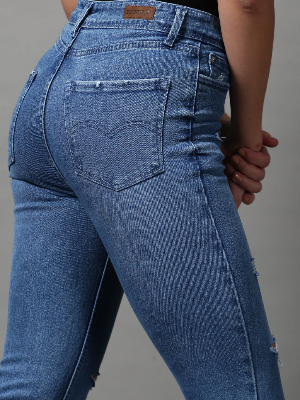 Women's Blue Bootcut Mildly Distressed Light Fade Stretchable Denim Jeans