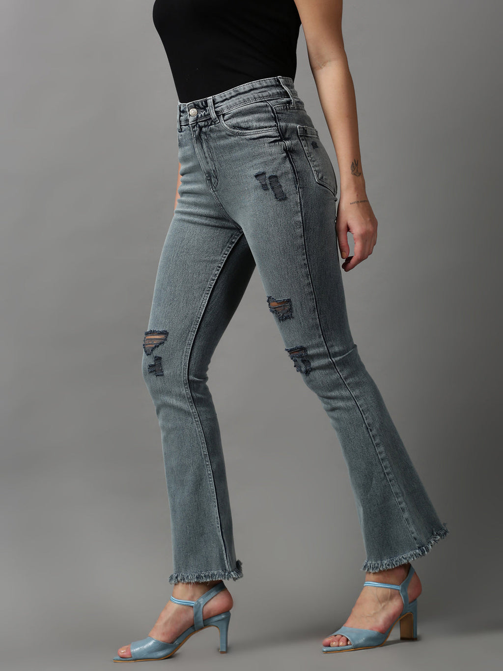 Women's Grey Bootcut Mildly Distressed Light Fade Stretchable Denim Jeans