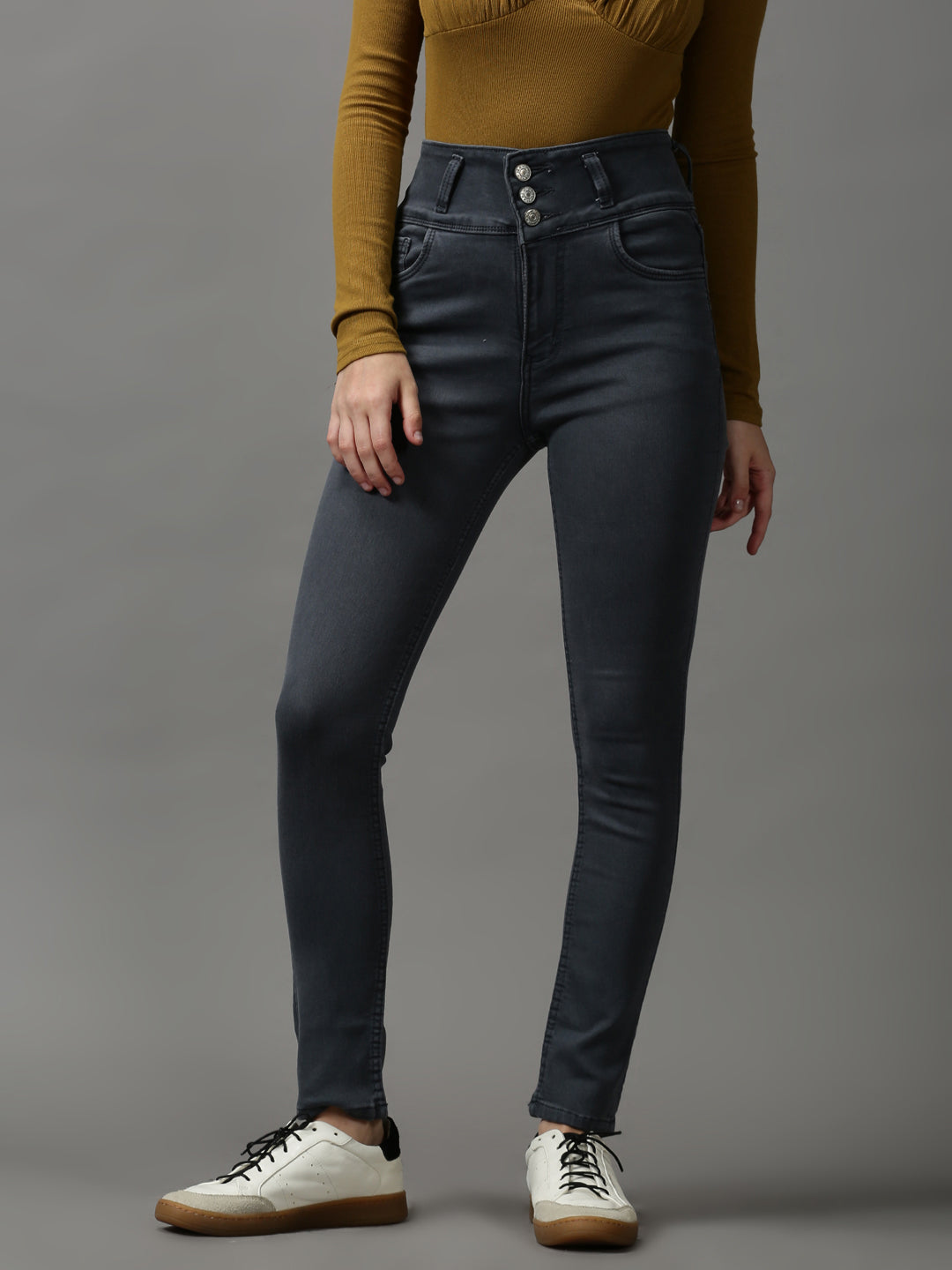 Women's Grey Skinny Fit High-Rise Clean Look Light Fade Stretchable Denim Jeans