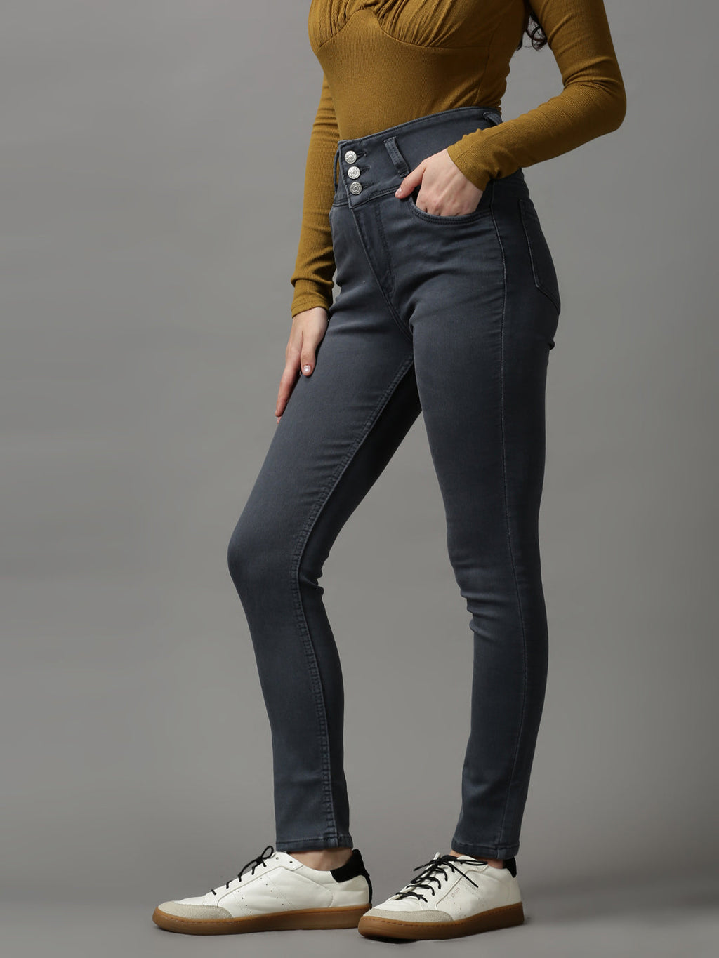 Women's Grey Skinny Fit High-Rise Clean Look Light Fade Stretchable Denim Jeans