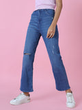 Women's Blue Wide Leg Slash Knee Light Fade Stretchable Denim Jeans
