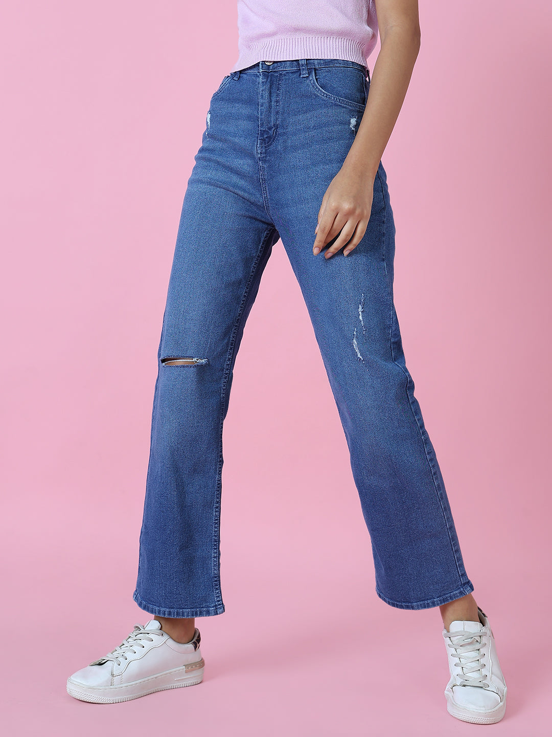 Women's Blue Wide Leg Slash Knee Light Fade Stretchable Denim Jeans