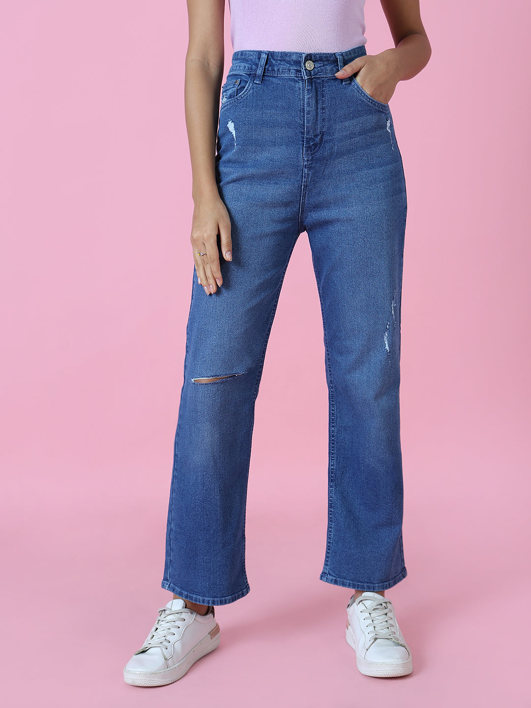 Women's Blue Wide Leg Slash Knee Light Fade Stretchable Denim Jeans