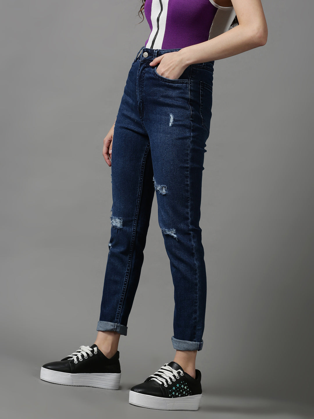 Women's Navy Blue Slim Fit Mildly Distressed Light Fade Stretchable Denim Jeans
