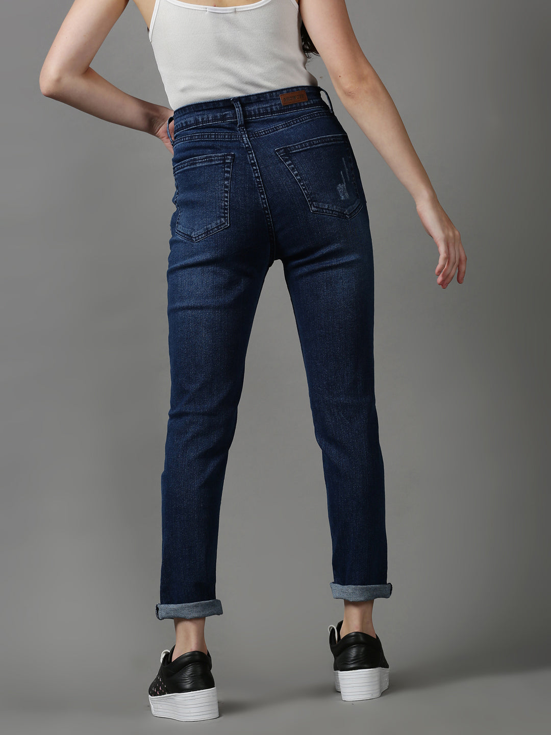 Women's Navy Blue Slim Fit Mildly Distressed Light Fade Stretchable Denim Jeans