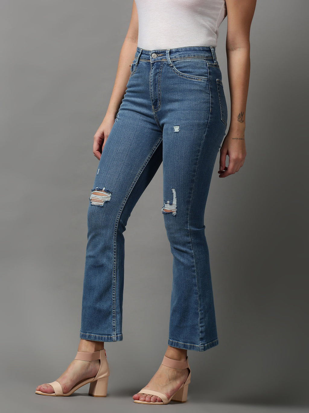 Women's Blue Bootcut Mildly Distressed Light Fade Stretchable Denim Jeans