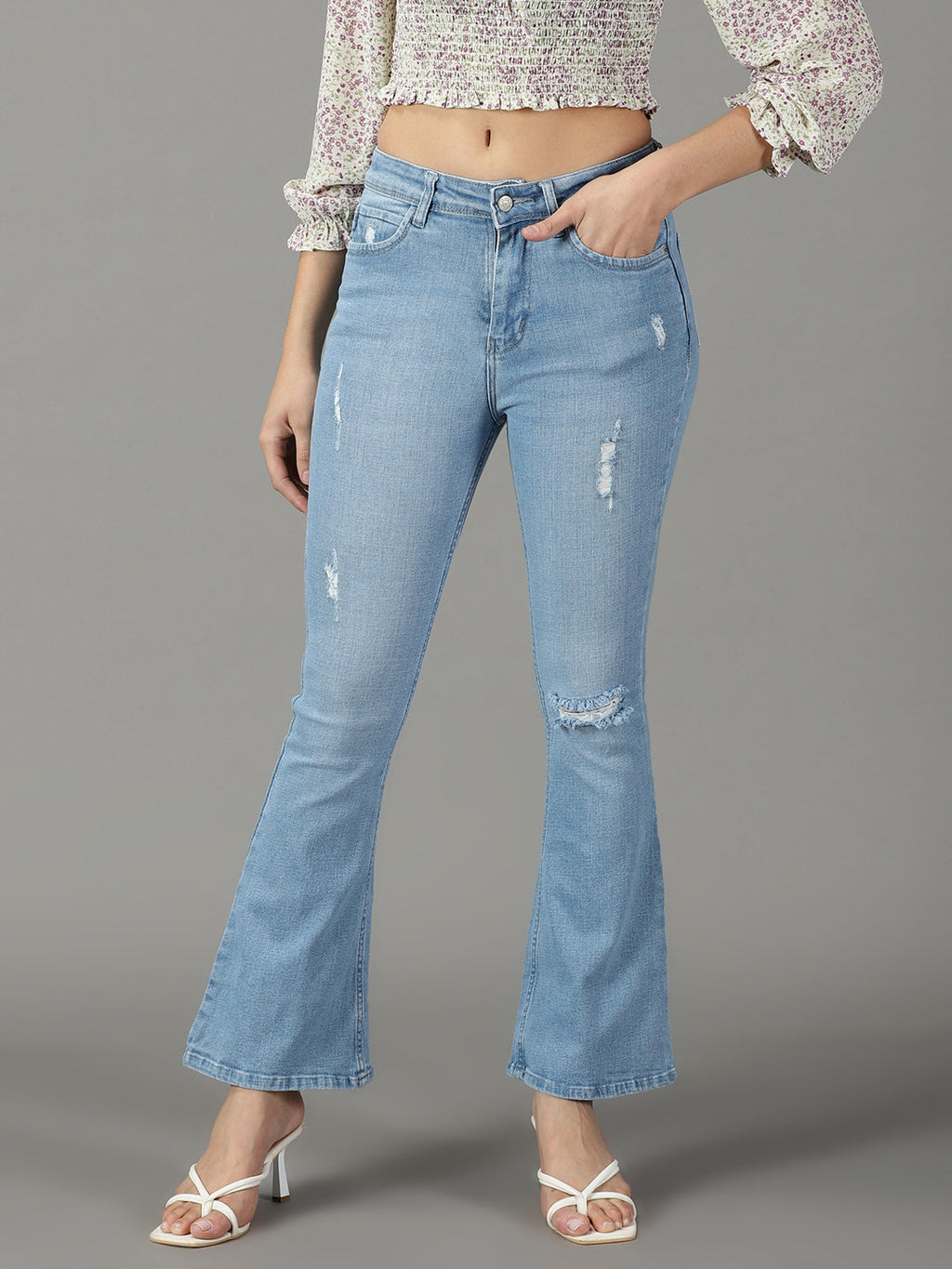 Women's Blue Bootcut High-Rise Mildly Distressed Light Fade Cotton Stretchable Jeans