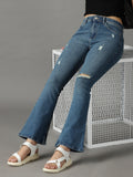 Women's Blue Bootcut Mid-Rise Mildly Distressed Light Fade Stretchable Jeans