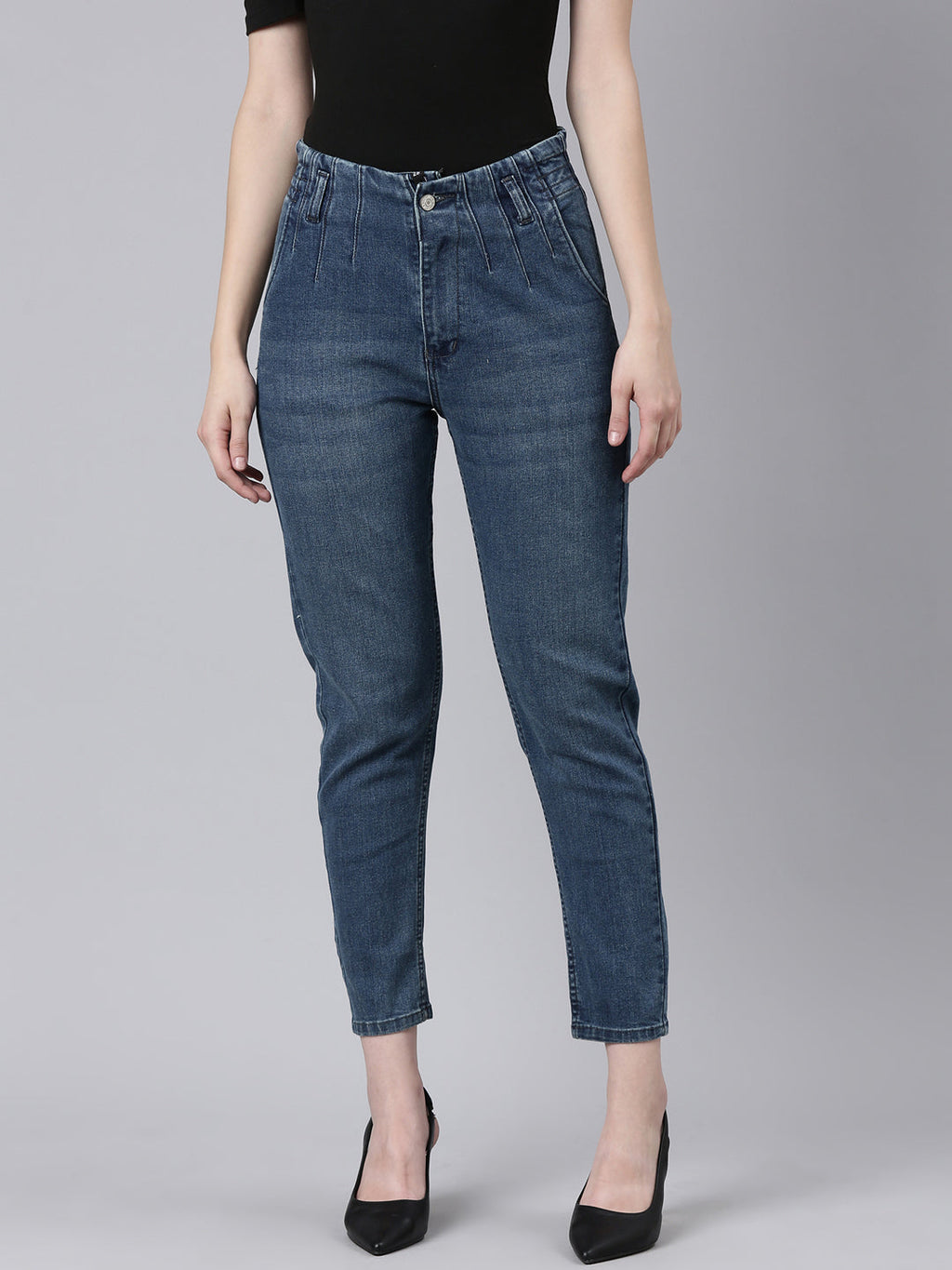 Women's Navy Blue Mom Fit Acid Wash Cropped Denim Jeans