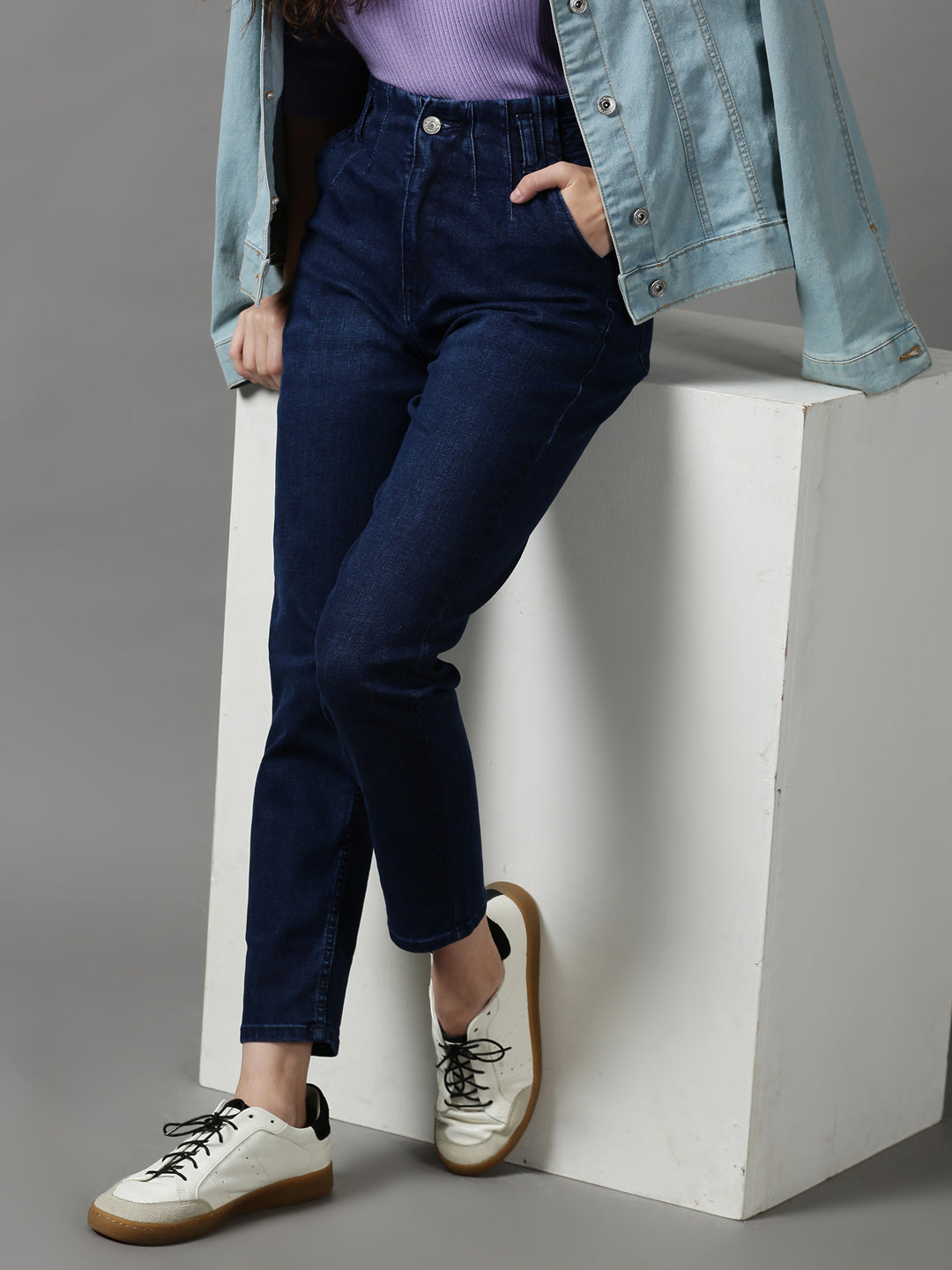 Women's Navy Blue Boyfriend Fit Stretchable Denim Jeans