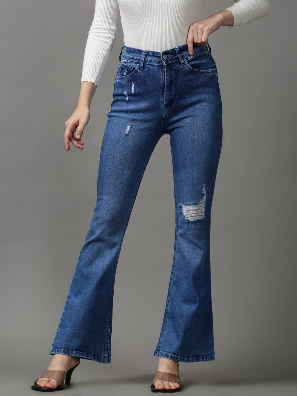 Women's Blue Bootcut Low Distress Light Fade Stretchable Denim Jeans
