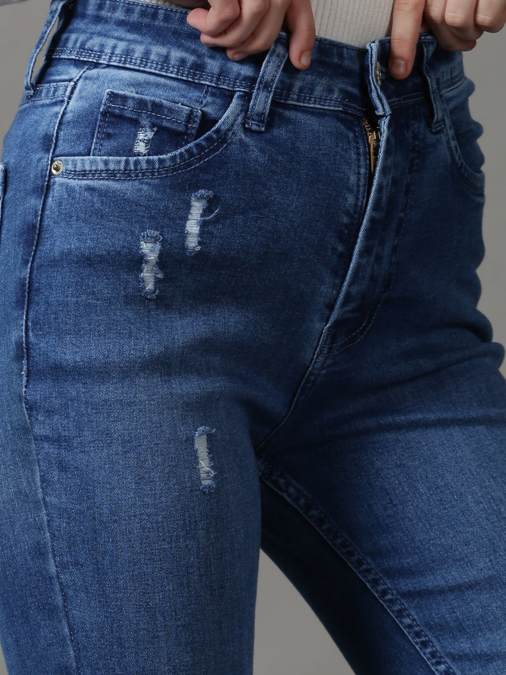 Women's Blue Bootcut Low Distress Light Fade Stretchable Denim Jeans