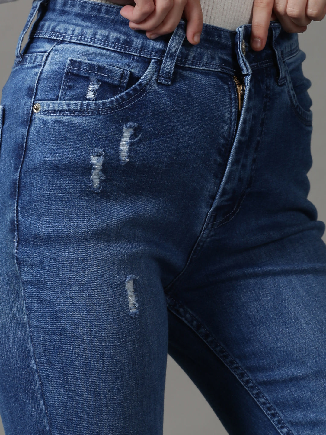 Women's Blue Bootcut Low Distress Light Fade Stretchable Denim Jeans
