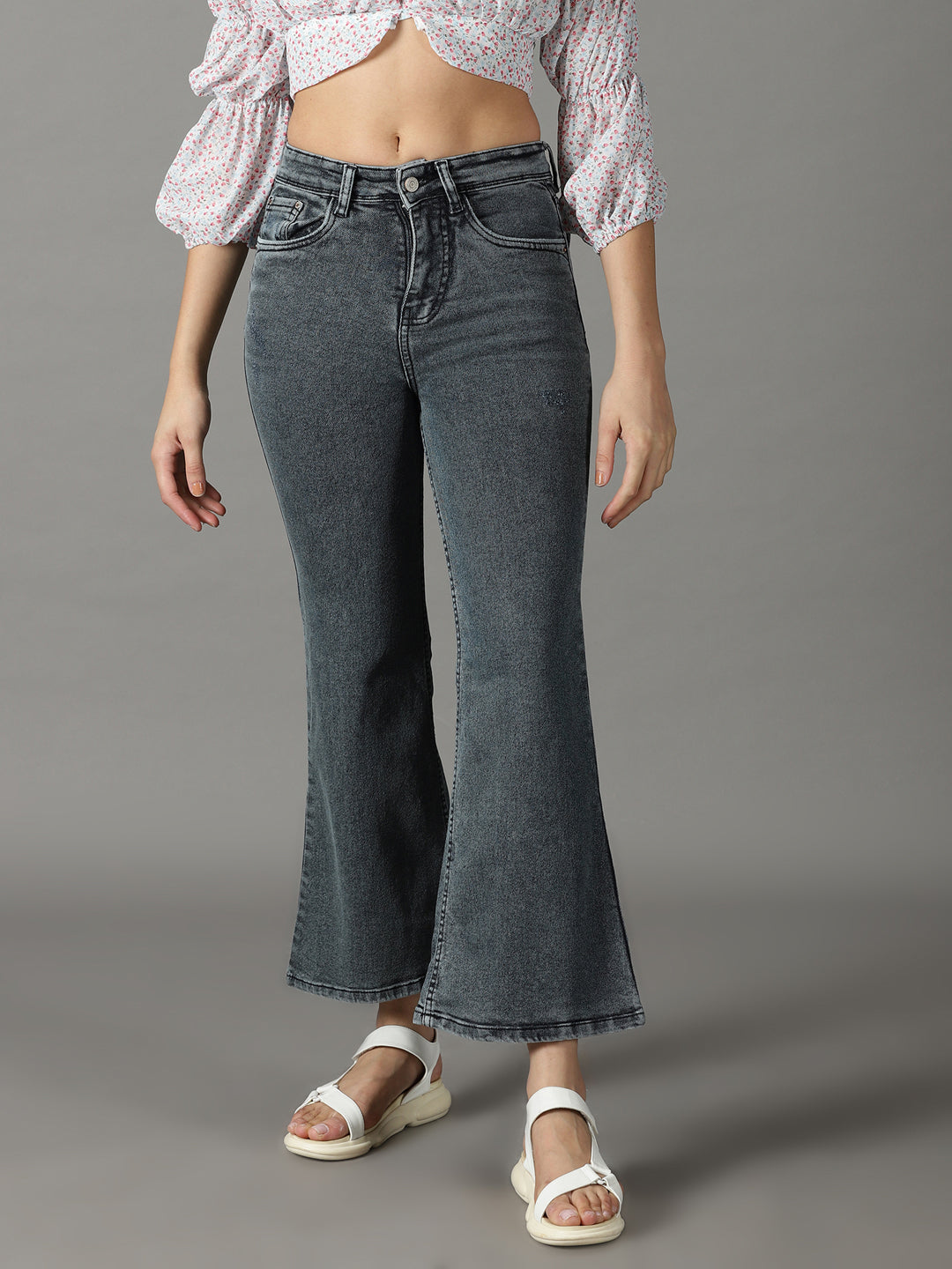 Women's Grey Bootcut High-Rise Acid Wash Stretchable Jeans