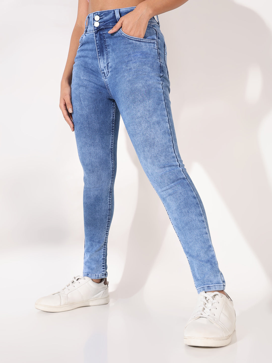 Women's Blue Comfort Slim Fit Light Fade Acid Wash Stretchable Jeans