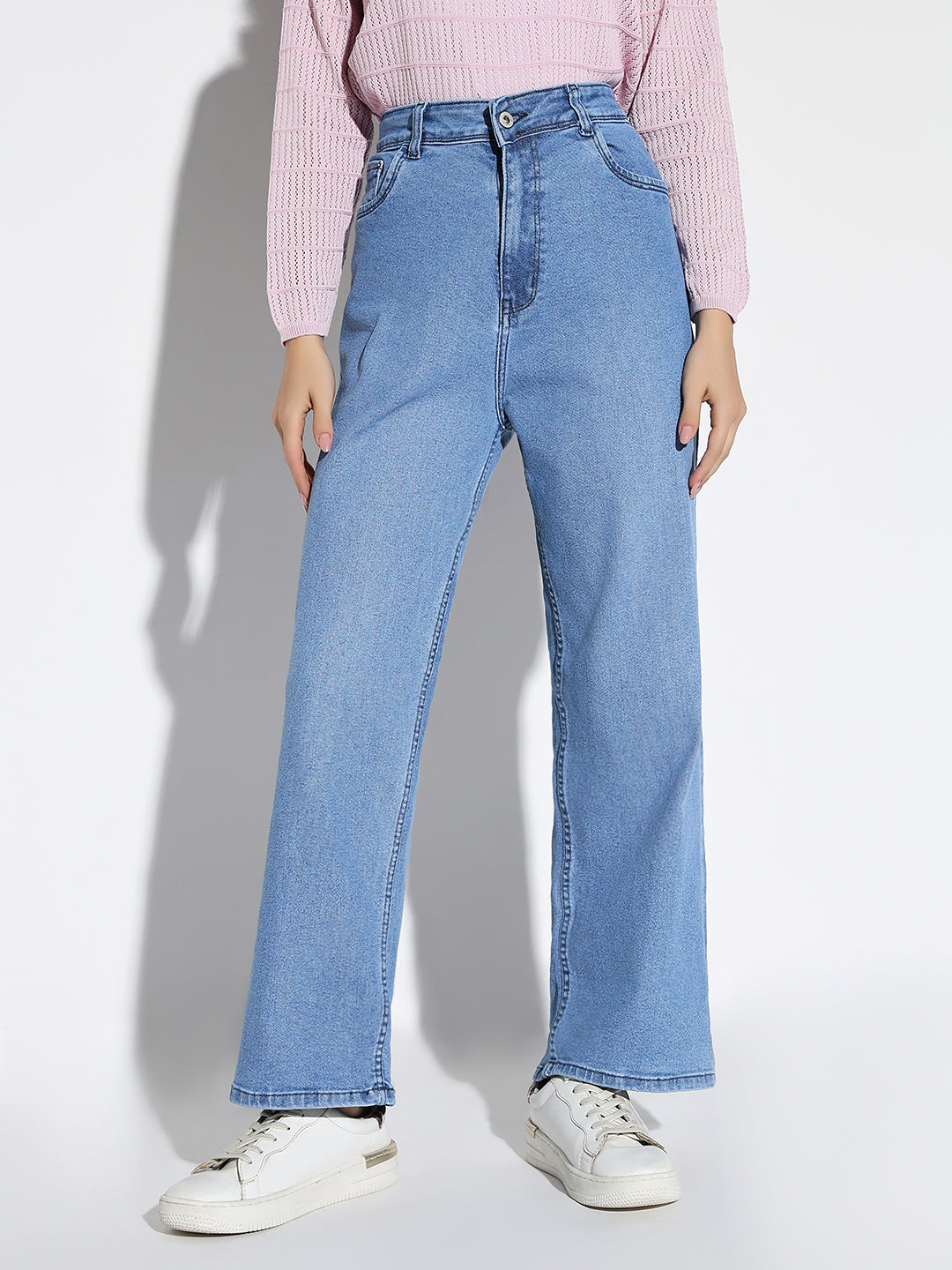 Women's Blue Comfort Straight Fit Light Fade Acid Wash Stretchable Jeans
