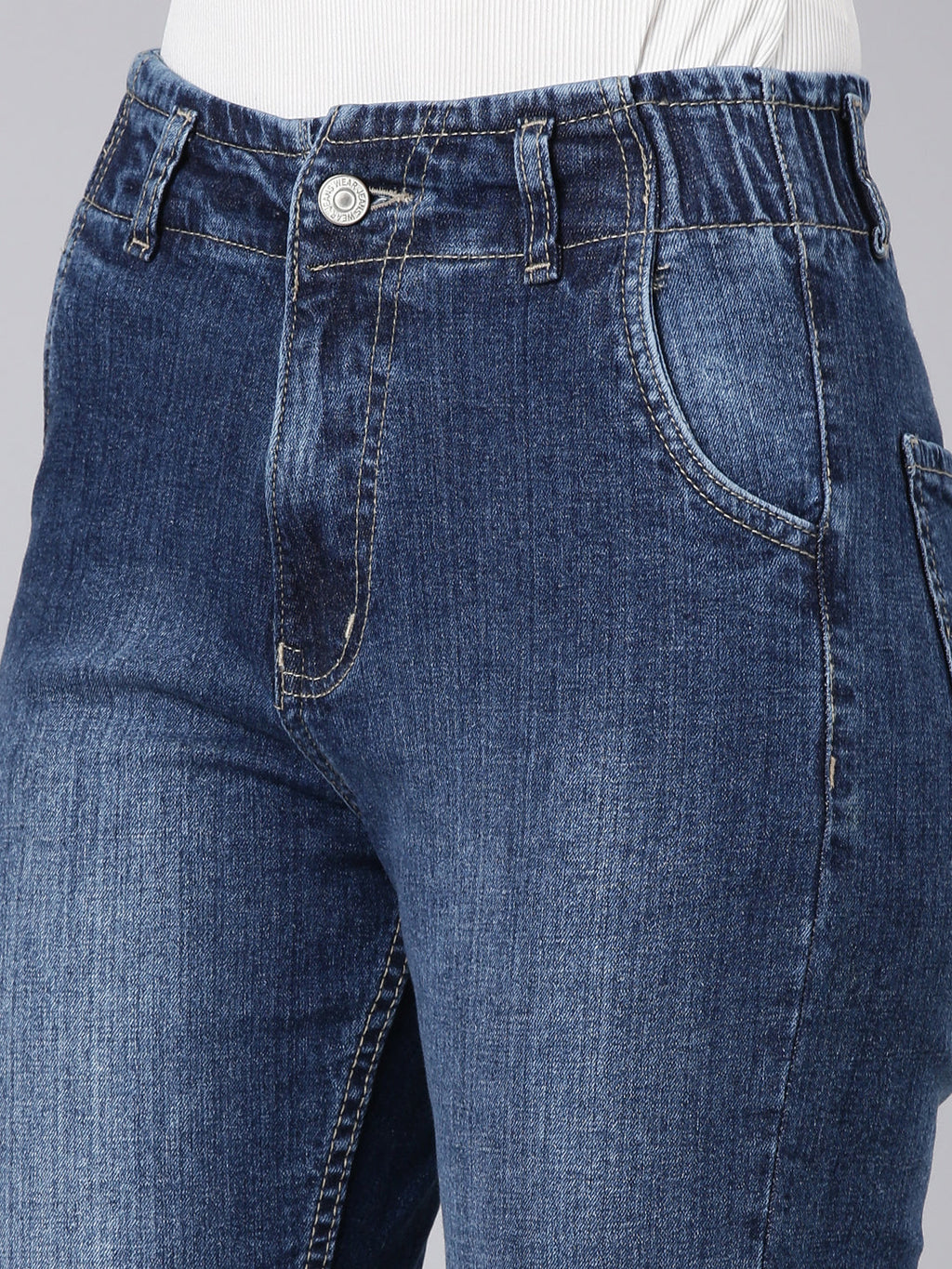 Women's Navy Blue Light Fade Stretchable Mom Fit Denim Jeans