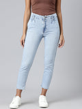 Women's Blue Mom Fit Clean Look Acid Wash Cropped Denim Jeans