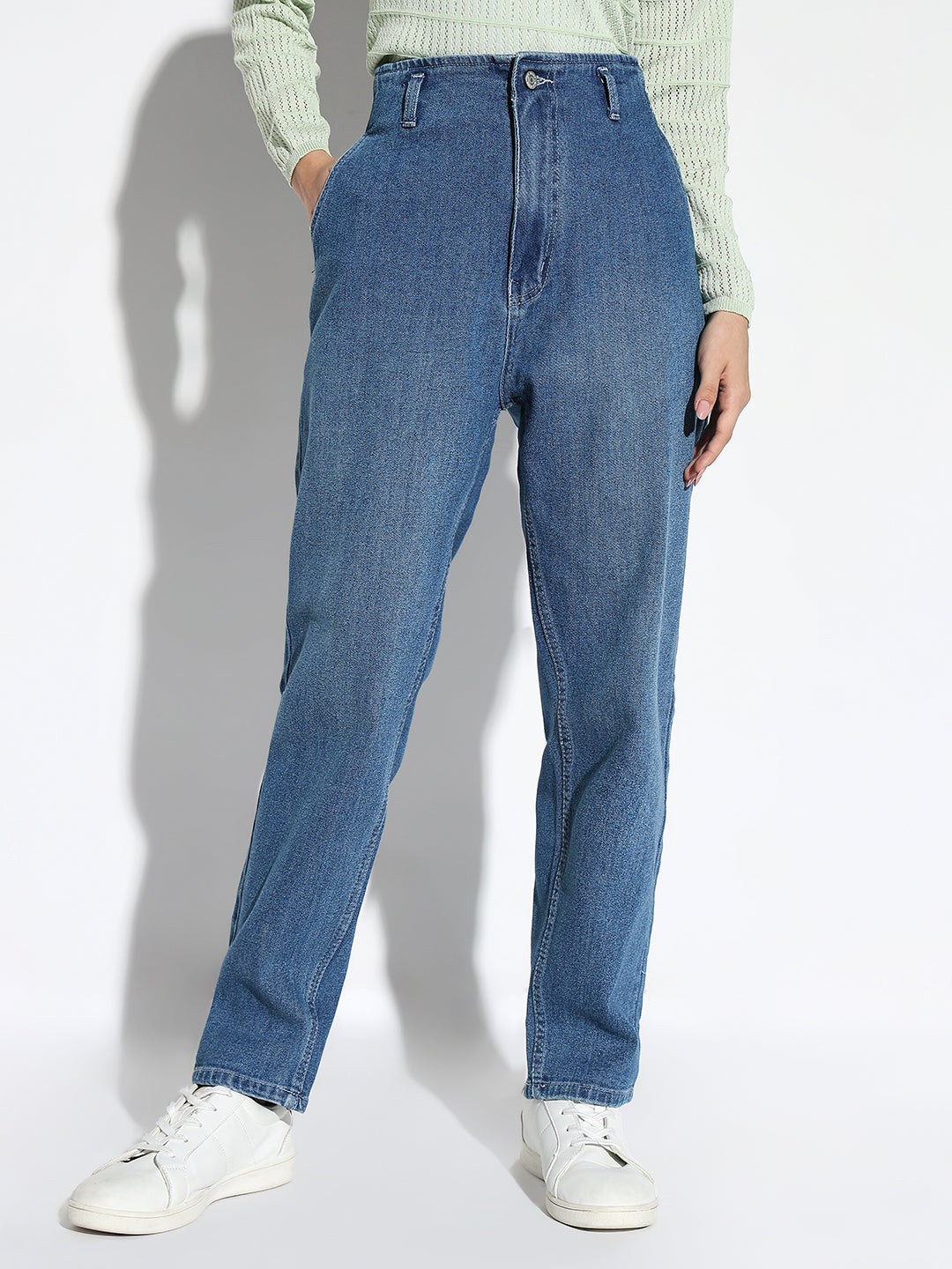 Women's Blue Solid Comfort Light Fade Acid Wash Stretchable Jeans