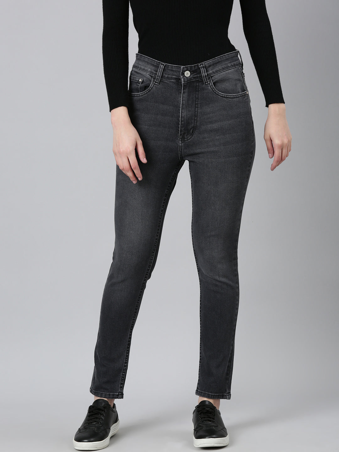 Women's Grey Jean Straight Fit Light Fade Acid Wash Stretchable Jeans