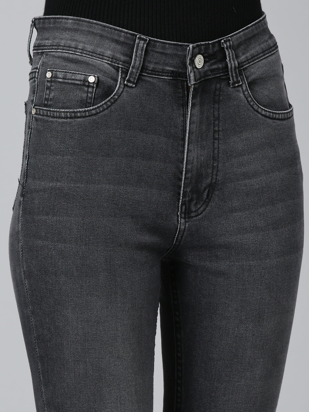 Women's Grey Jean Straight Fit Light Fade Acid Wash Stretchable Jeans