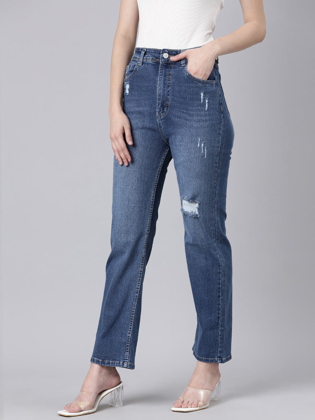 Women's Navy Blue Straight Fit Mildly Distressed Light Fade Denim Jeans