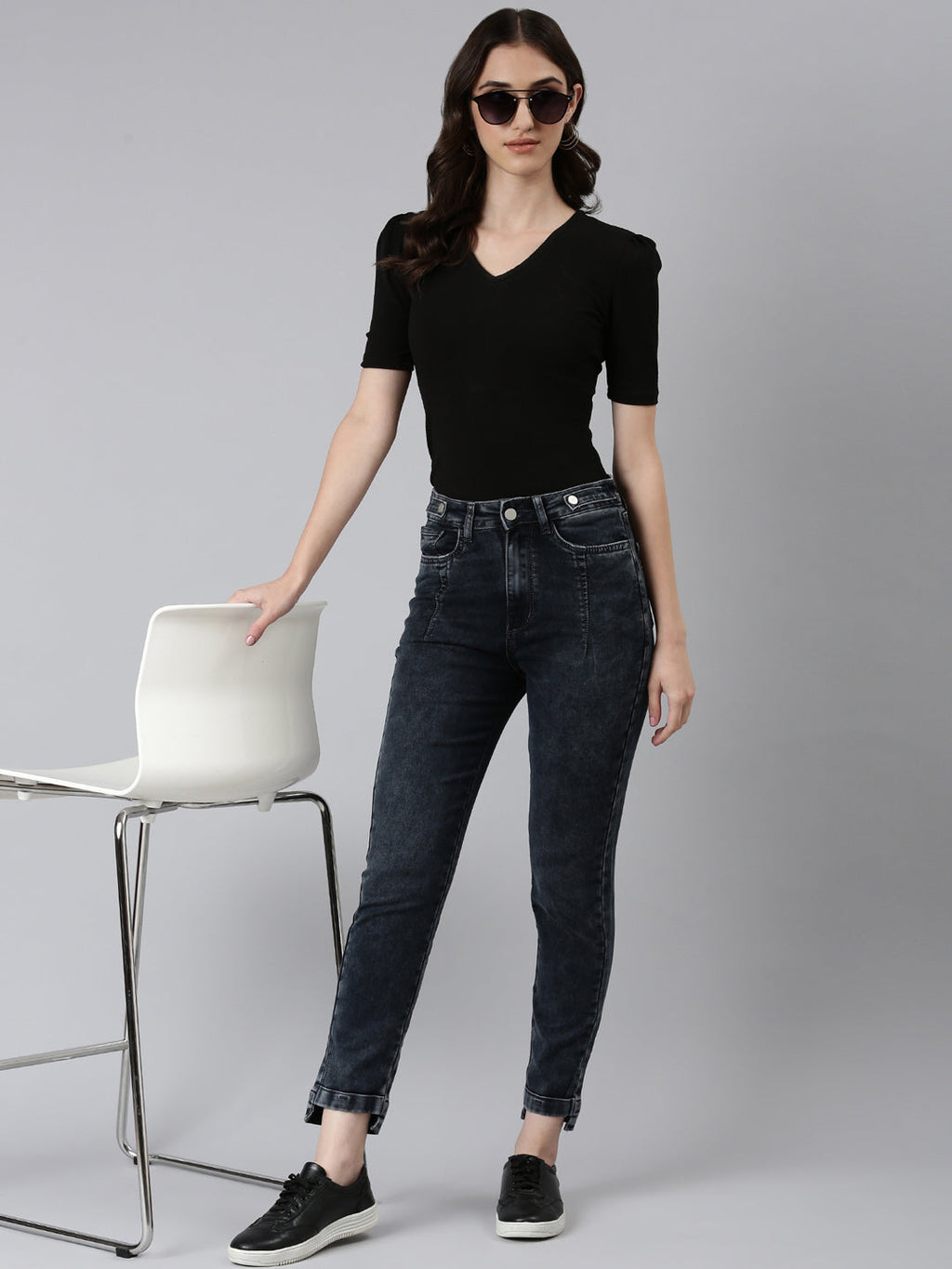 Women's Grey Jean Slim Fit Acid Wash High-Rise Denim Jeans