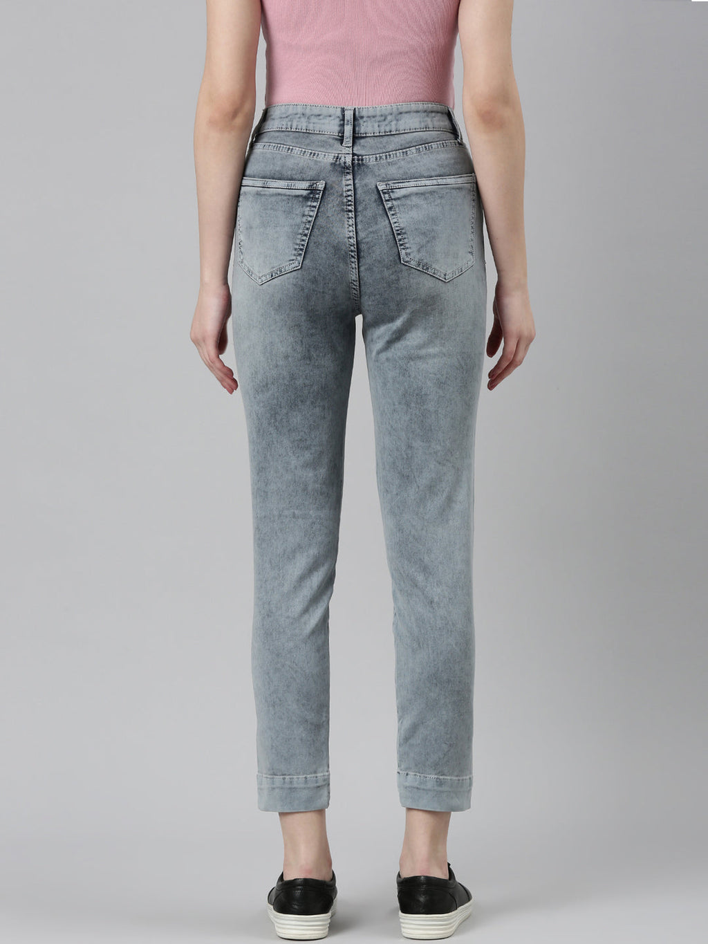 Women's Grey Mid Rise Slim Fit Heavy Fade Acid Wash Denim Jeans