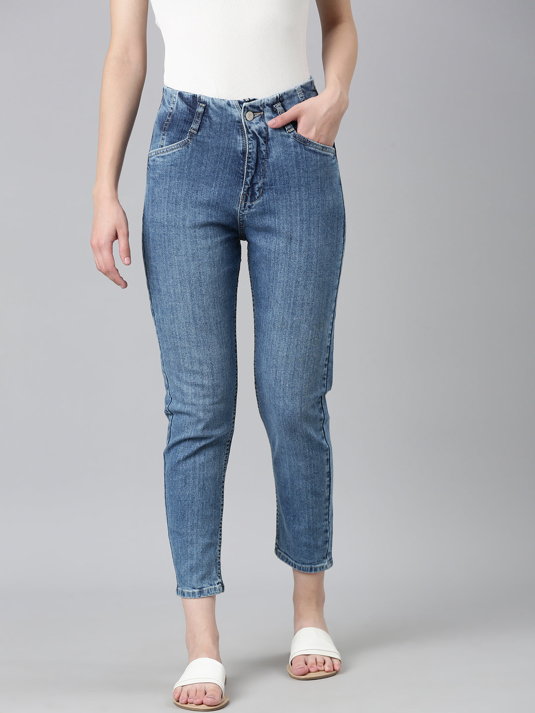 Women's Blue Slim Fit Light Fade Acid Wash Denim Jeans